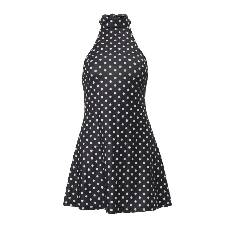 Polka Dot Elegant Off Shoulder Sleeveless Backless High Waist Halter Mini Dress