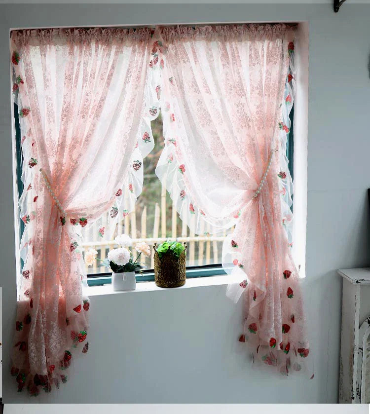 French Pink Lace Cute Strawberry Sequin Lace Curtains