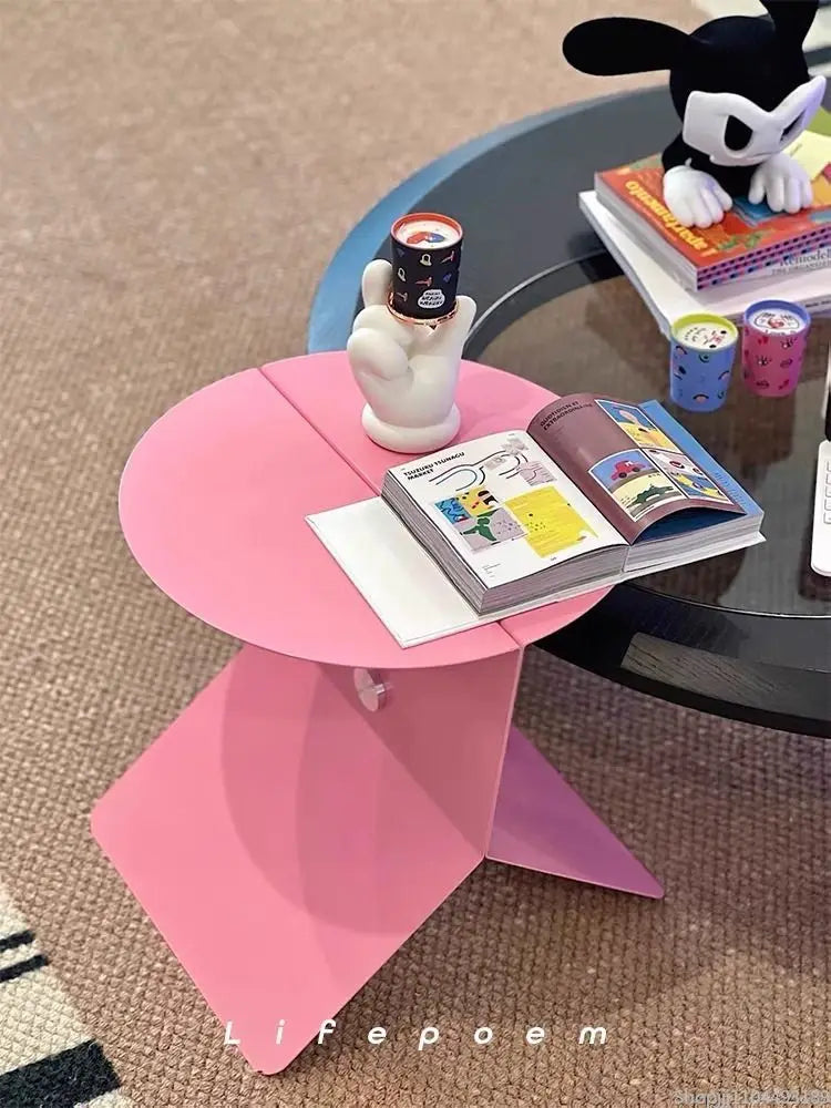 Y2K Pink Side Table - Dopamine Aesthetic Bedside Table with Magazine Rack