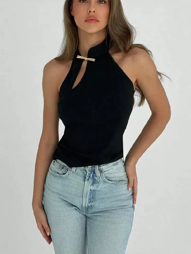 Cheongsam Buckle Tank Tops Women Y2K Summer Trend Basic Classic Hollow Solid Simple Street Stretch Daily Chic Vest