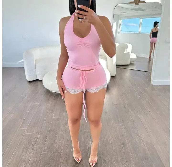 Sleeveless 2 Piece Sets Womens Outfits Streetwear Halter Ruched Top & High Waist Lace Trim Drawstring Shorts Suit