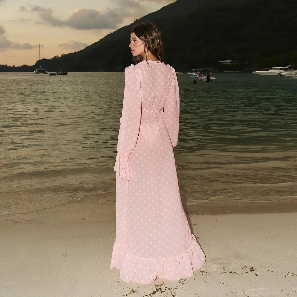 Pink Dot Print Cover-Ups Sexy Bikini Set Bathing Suit Swimming Mesh Dress