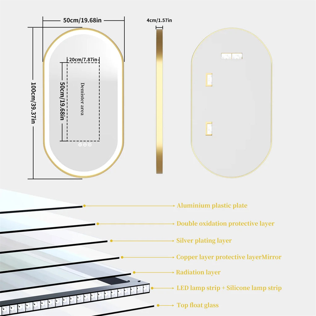 Luxury Oval Led Illuminated Bathroom Mirror Gold Aluminum Frame with Demister Pad