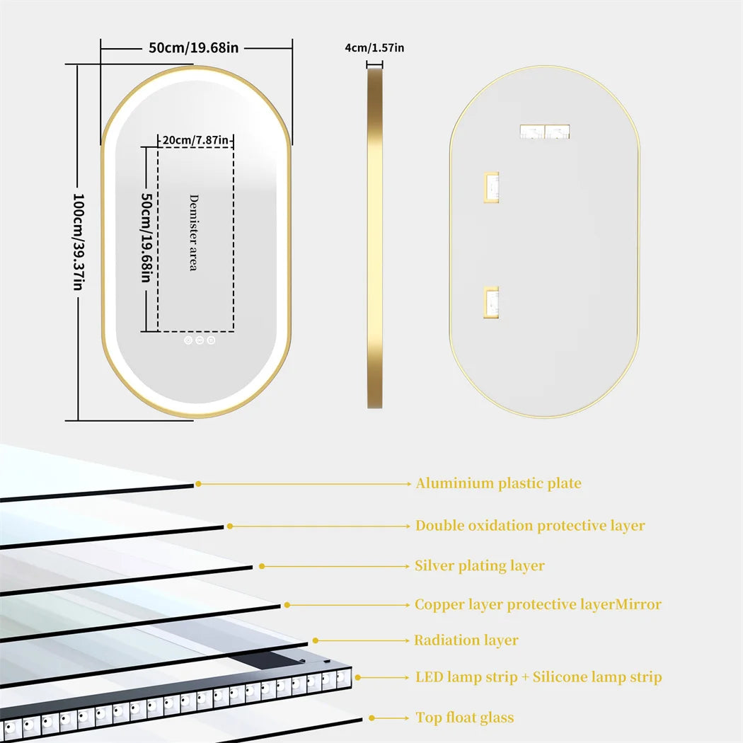 Luxury Oval Led Illuminated Bathroom Mirror Gold Aluminum Frame with Demister Pad