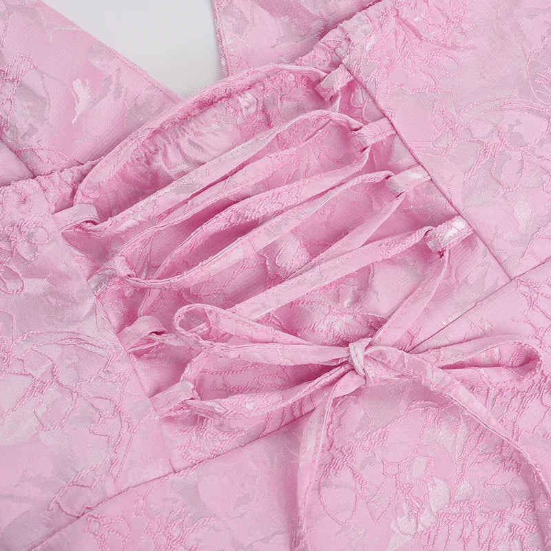 Pink Jacquard Halter Bow Evening Party Dress Women Robes Backless Elegant Sexy Dress Bodycon Mini Dress