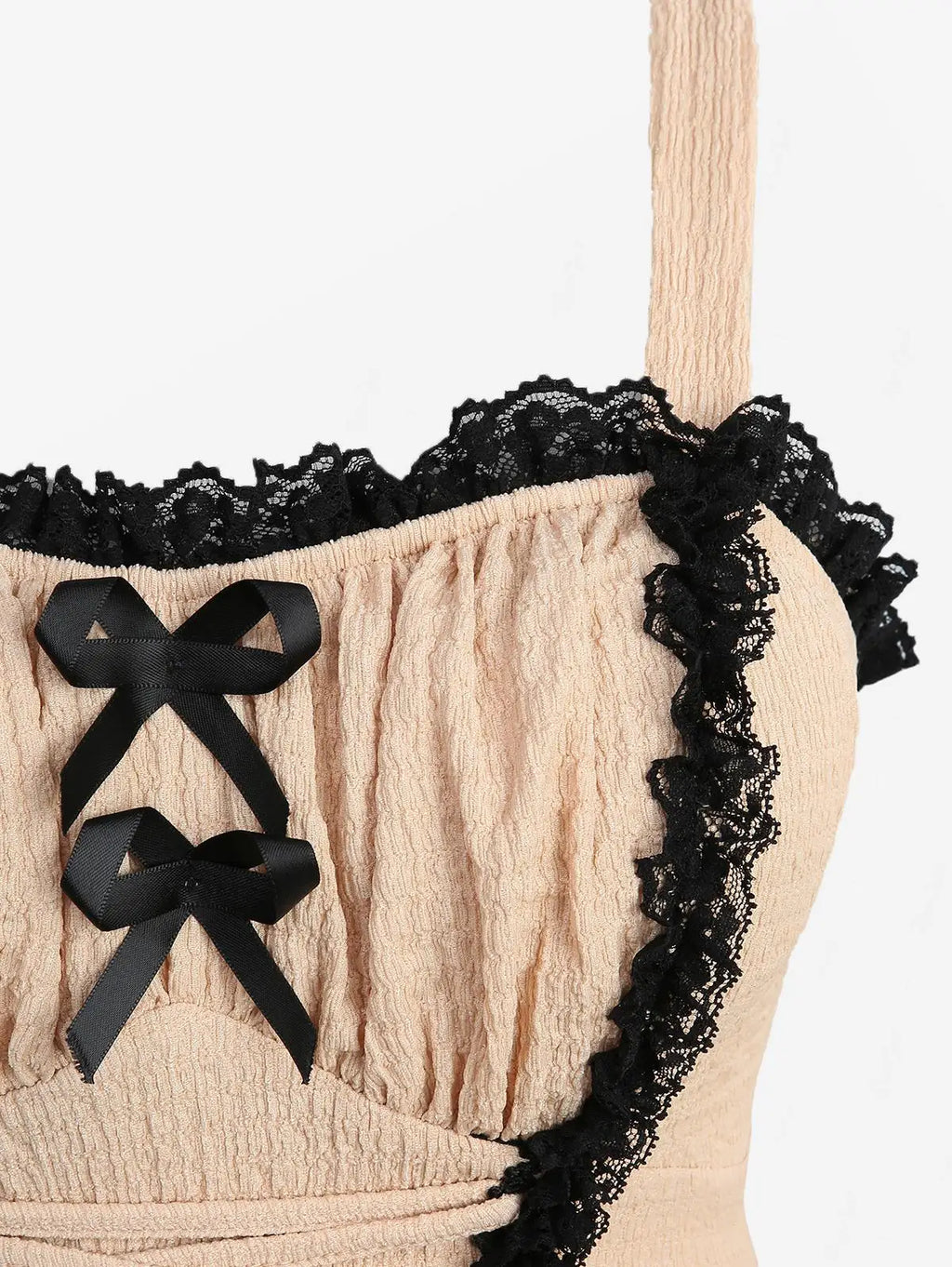 Rosegal Plus Size Women Bowknot Lace Trim Lace-up Two Tone Textured Tank champagne Top  New Women Spring, Summer Casual Vest