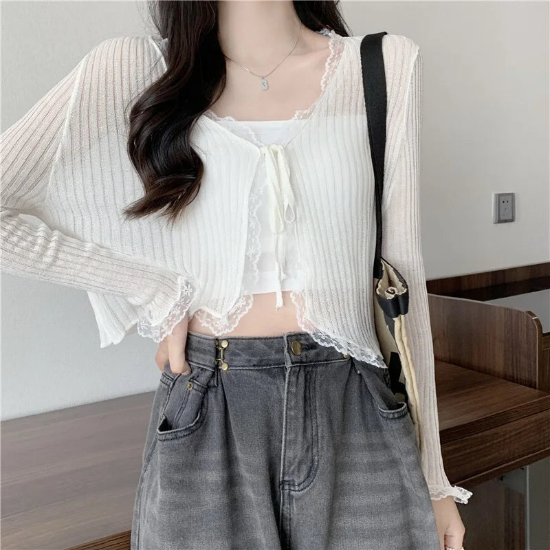 Lace Knitted Cardigans Long Sleeved Short Lace-Up Thin Shawl