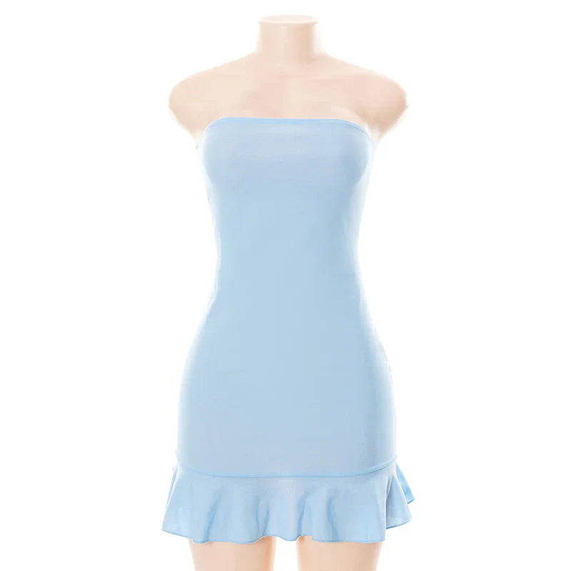 Women Soft Tender Slight Blue Strapless Wrap Hipster Mini Pleated Dress Pullover Sexy