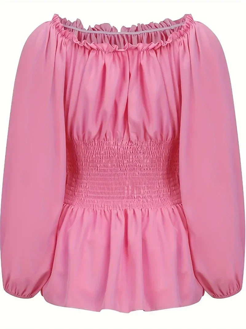 Women's Summer Plus Size 1XL-5XL Outfits Versatile Solid Color Long Sleeve Blouse Fashion Off Shoulder Lace Up Corset Shirt