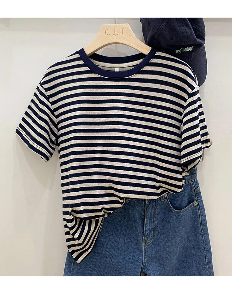 Summer Short Sleeve Striped T-Shirts Versatile Women Knitted Basic Casual Tops Female Cozy Loose Cotton Tees