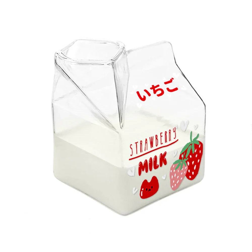 Square Glass Cup Heat Resistant Cute Cartoon Cup Kawaii Milk Juice Mug Bottle Box 380ml
