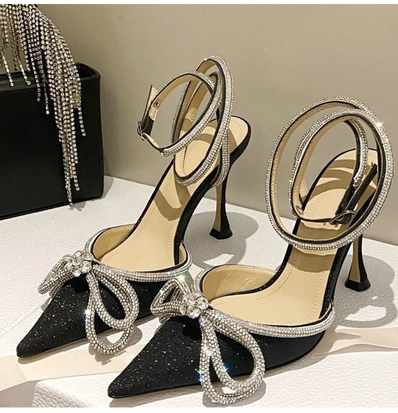 Glitter Crystal Women Pumps Sexy Ankle strap Rhinestones Bowknot High Heels