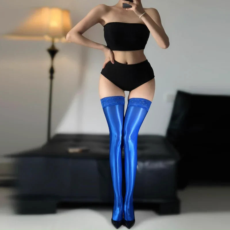 Women Sexy Oil Shiny Over The Knee Thigh High Long Stockings Lace Top Shaping Anti-slip Silicone Socks