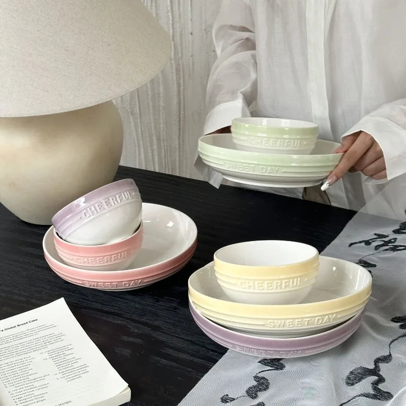 Gradual Change 8-inch Ceramic Deep Plate, High-end High-value Trays Underglaze Color Deep Plate Bowls