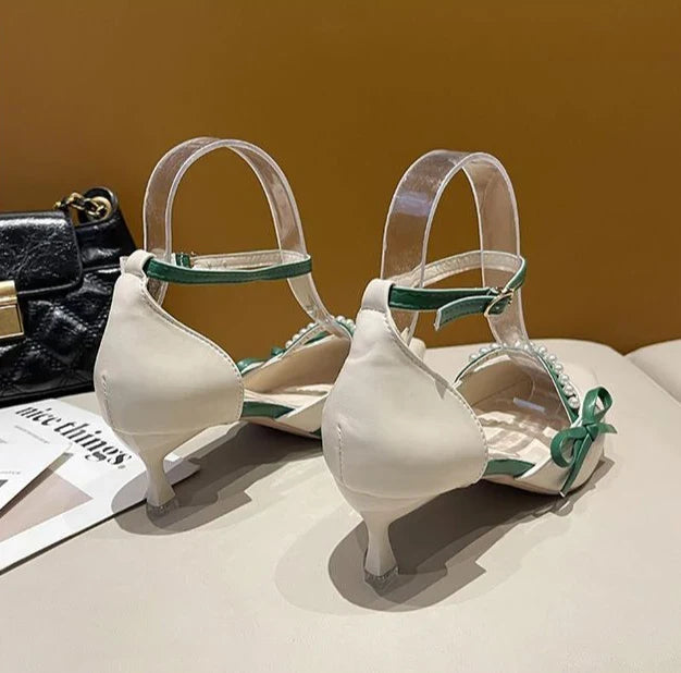 Women Pearl Pumps Heeled Pointed Toe with Side Bowknot