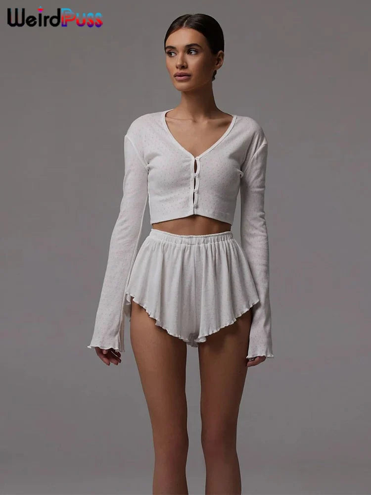 Solid 2 Piece Set Long Sleeve Single Breasted Crop Tops+Ruffles Simple Thin Mini Short Suit