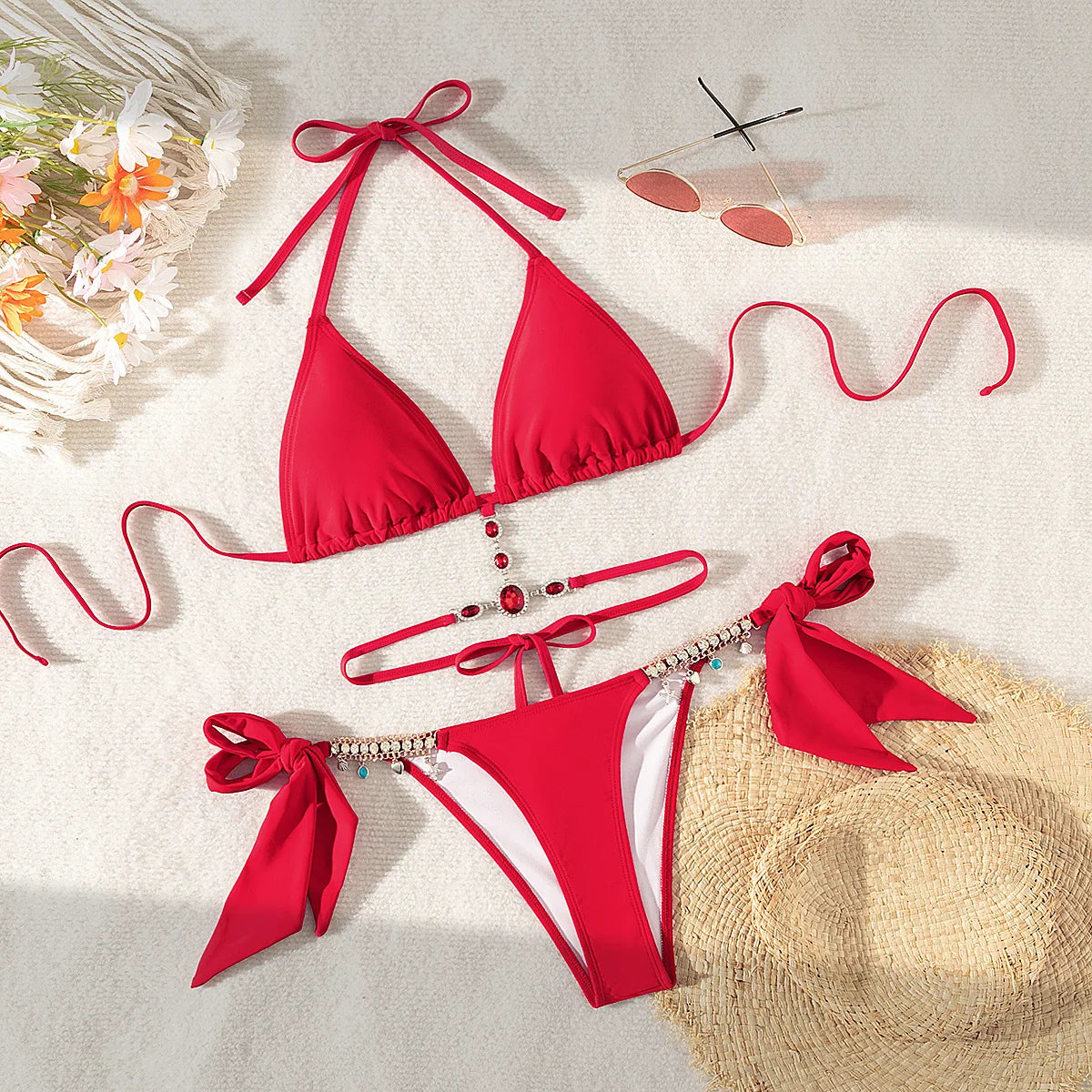 Women's Swimwear Crystal Diamond Triangle Bandage Backless Beach Bikini Swimsuit