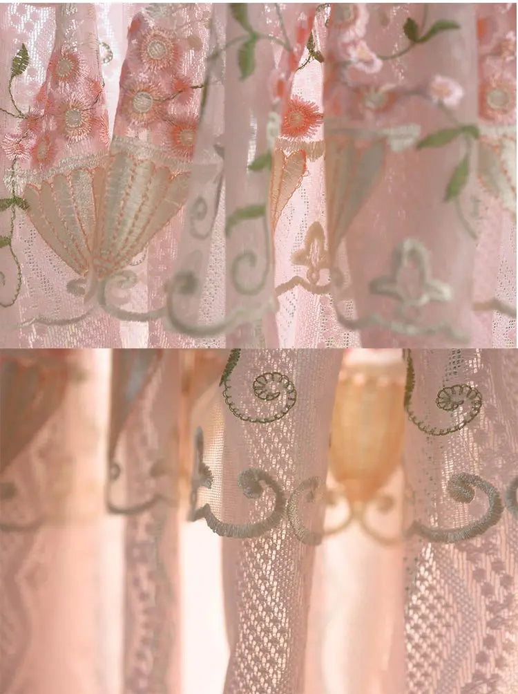 Pink Small Window Short Curtain Embroidery Floral Lace Half Window Curtains Sheer Tulle Home Decoration
