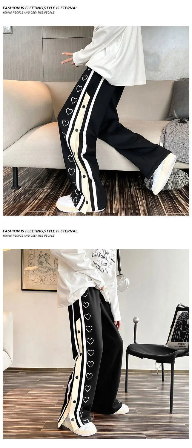 Harajuku Wide Leg Sweatpants Oversize Men Streetwear Side Button Baggy Pants Casual Hearts Sport Split Basketball Women Track Trousers