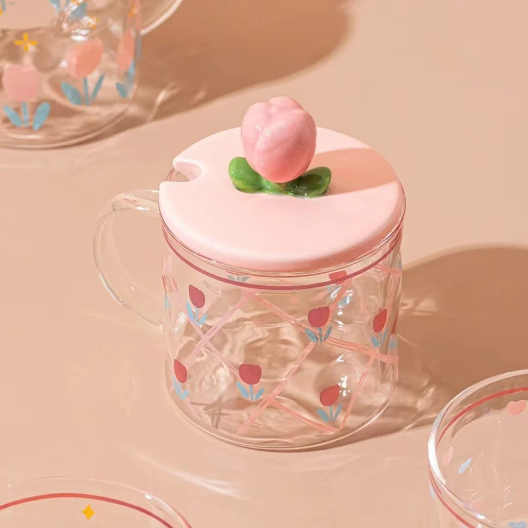 Pink Flower Instant Noodles Glass Pot Can Be Heated Soup Pot Double Ears Salad Bowl Covered with a Large Capacity Bowl