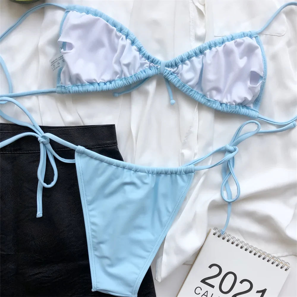 Women Sexy Sling Bikini Micro String Extreme Swimsuit Bikinis Pleated Set