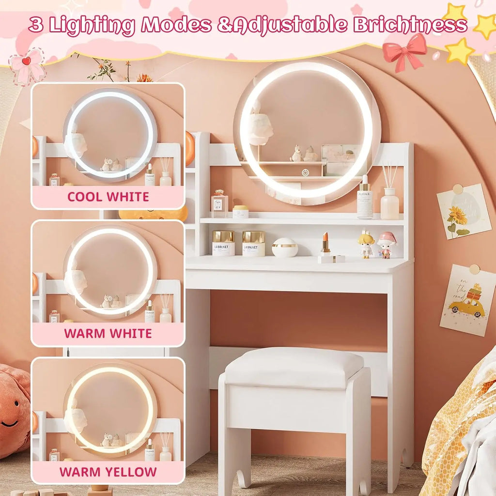 Kids Vanity Desk with Lights Mirror Makeup Vanity Table with Storage Cabinet & Shelves Pink Vanity Set with Chair for Girl