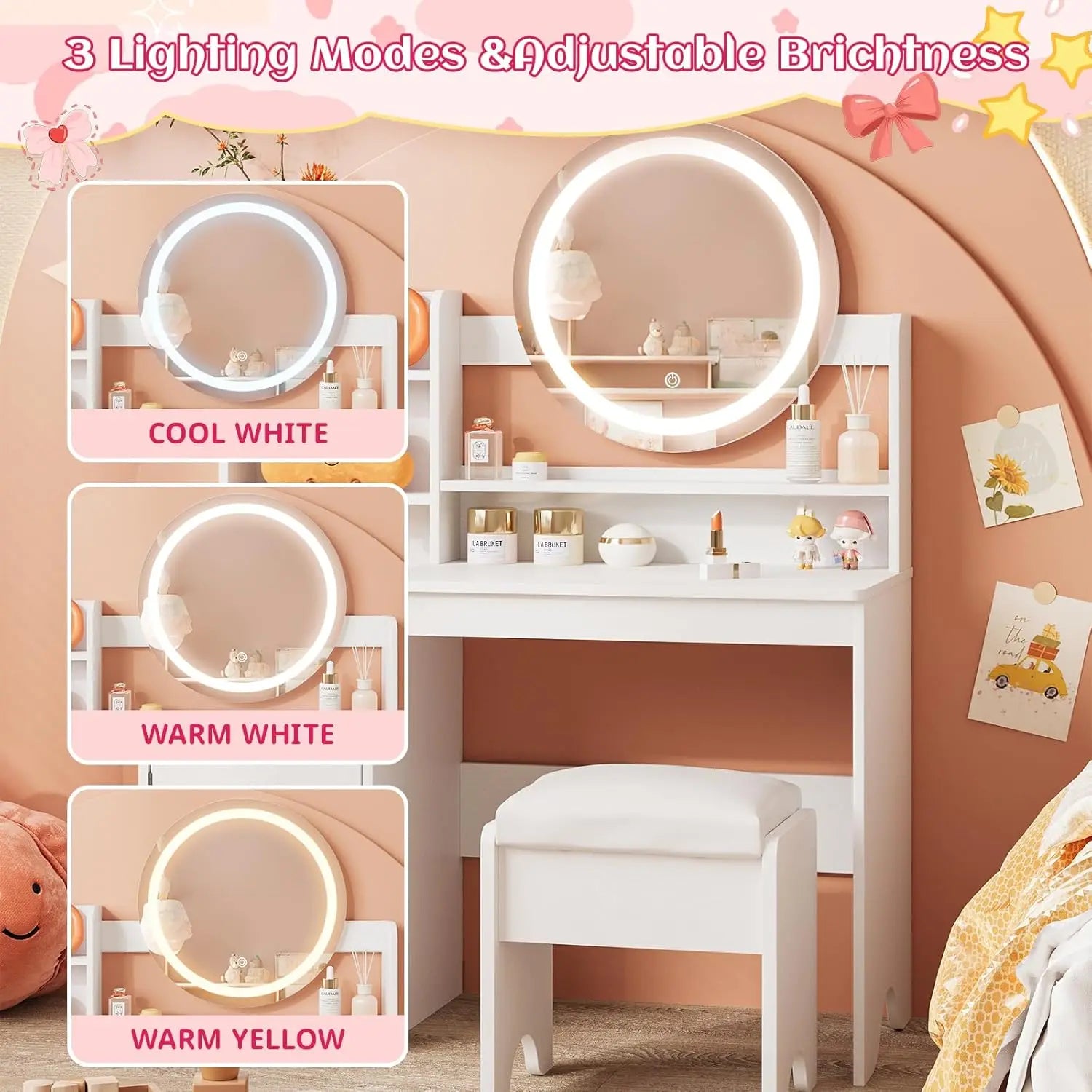 Kids Vanity Desk with Lights Mirror Makeup Vanity Table with Storage Cabinet & Shelves Pink Vanity Set with Chair for Girl