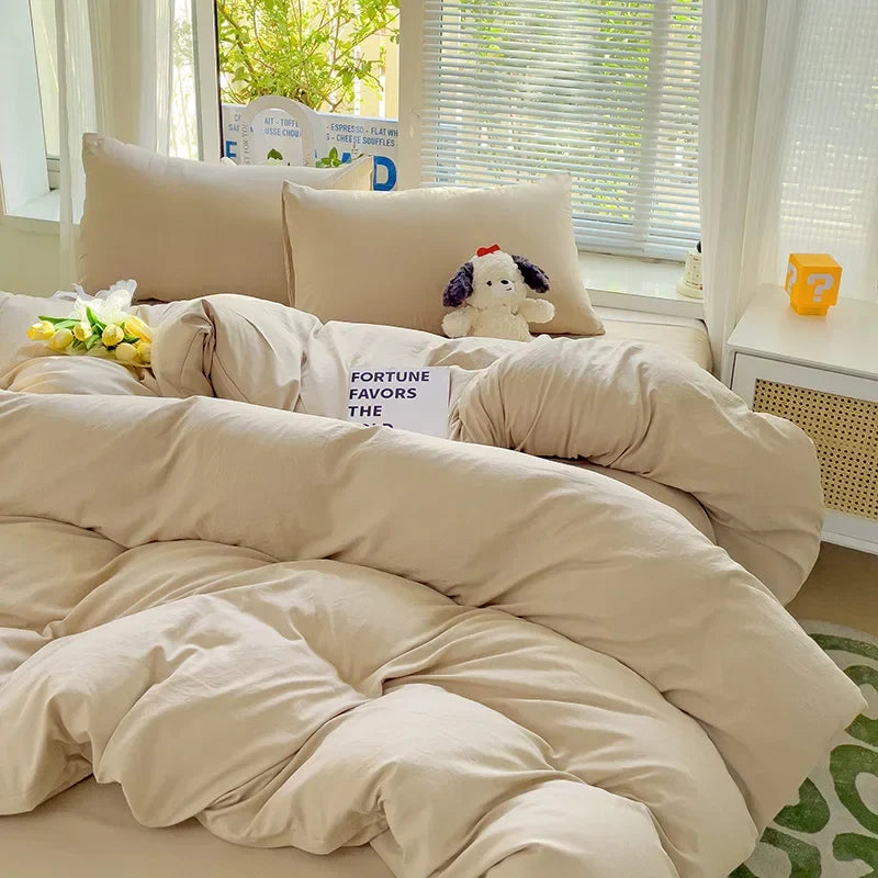 Solid Bed Linen Cotton Bedding Set 4pcs with Sheet Duvet Cover Pillowcases Single Couple Bedsheet