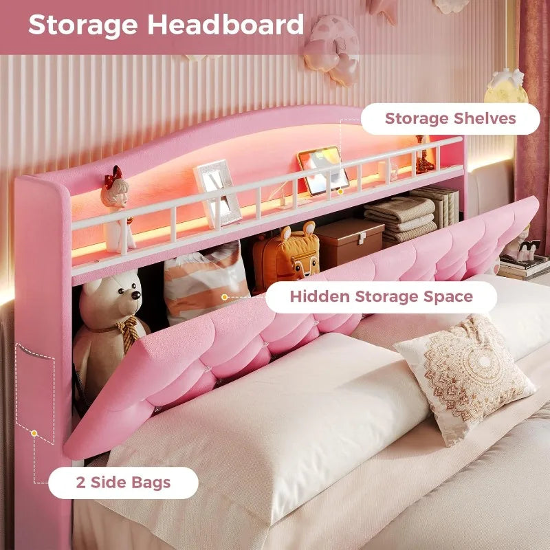 Pink Full Size Girls Bed with LED Lights & Charging Station, Princess Full Size Bed Frame with Hidden Storage Headboard