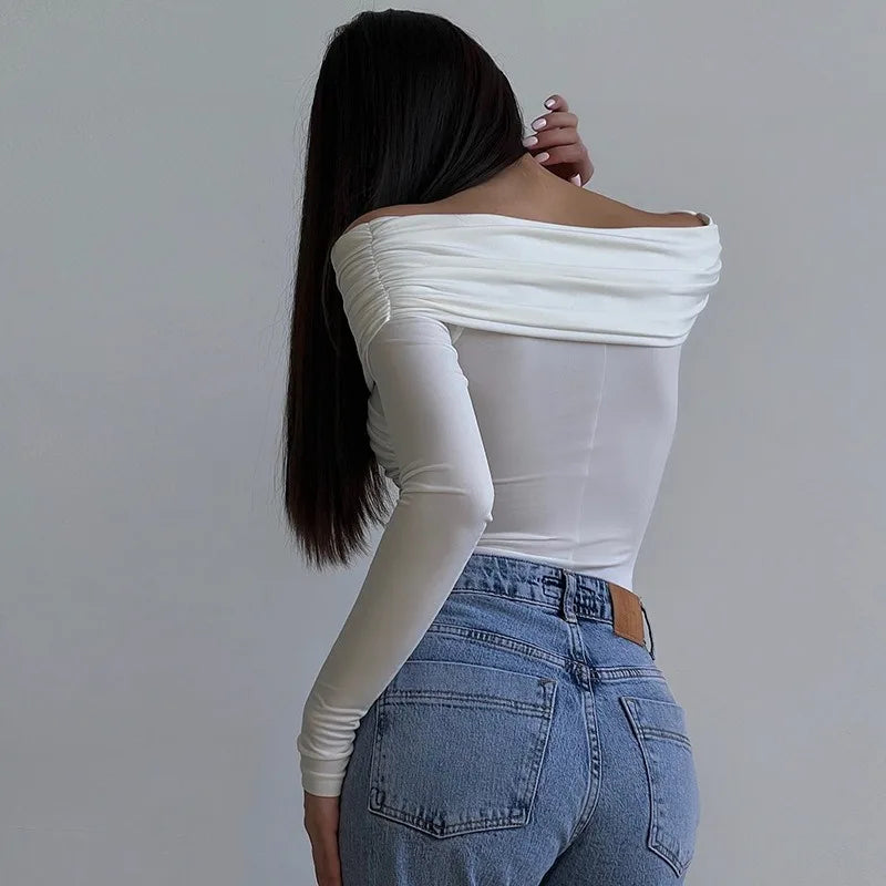 Sexy Off Shoulder Women's Bodysuits Fashion Crossed Folds Skinny Rompers Long Sleeve
