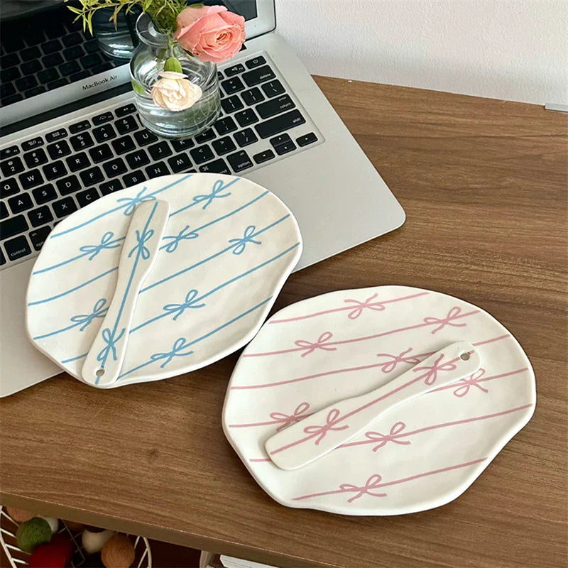 Cute Bowknot Kawaii Ceramic Plate For Cake Food Dinner Breakfast Ins Dessert Salad Decorative Dish 8 inch