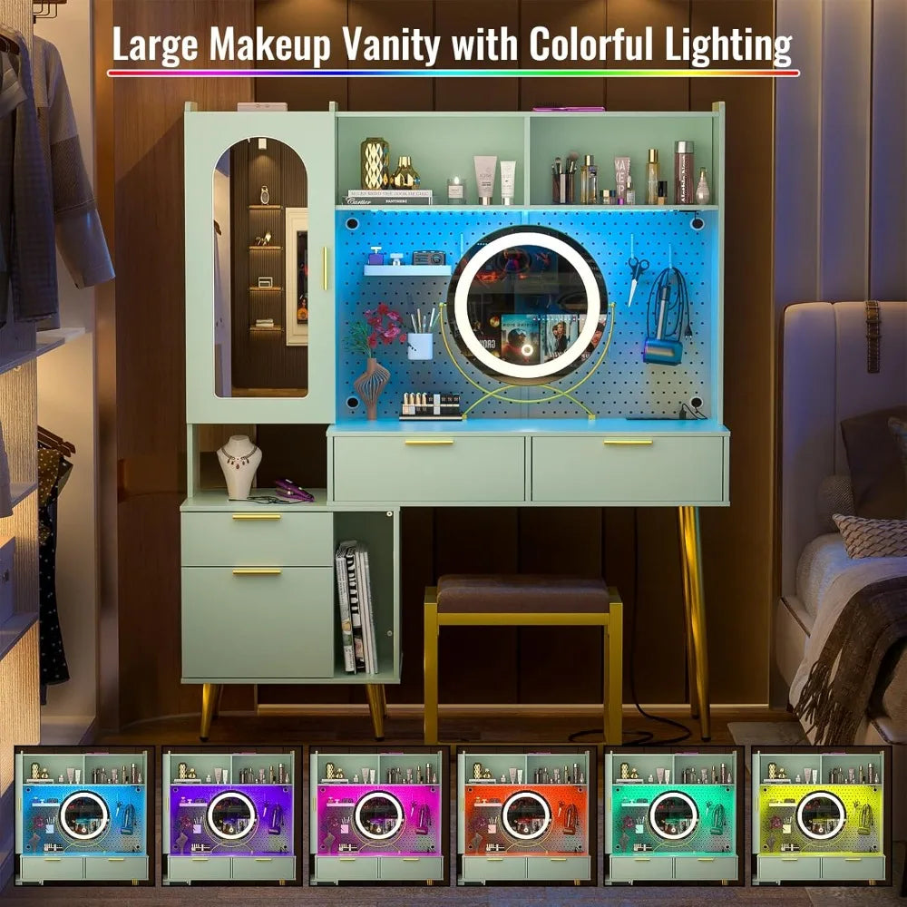 Makeup Vanity with Hutch, Modern Bedroom Vanity with Charging Station and LED, Tall Vanity Table with Pegboard, Mirror, 48''