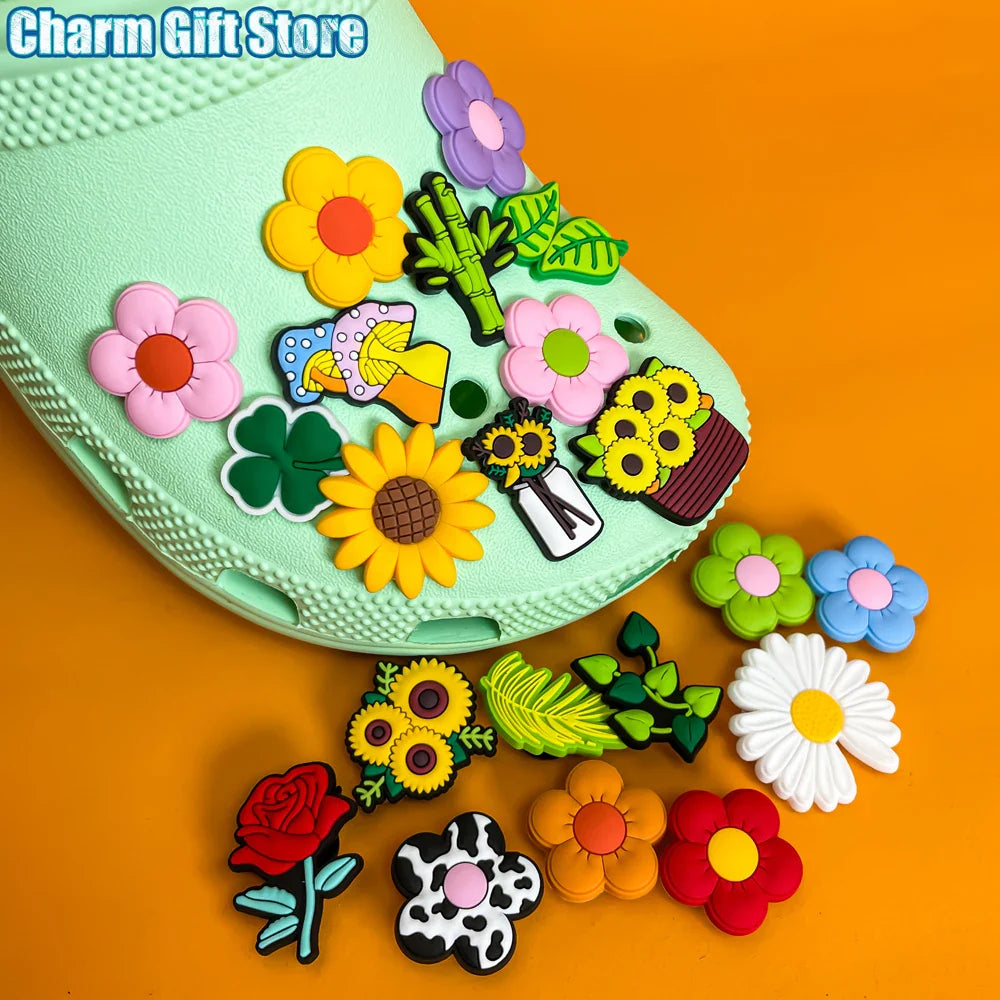 Plants Clog Charms Sunflower Mushroom Shoe Decoration Accessories Rosa Flower Shoe Charms Bamboo clips Jeans shoe buckle 1PCS