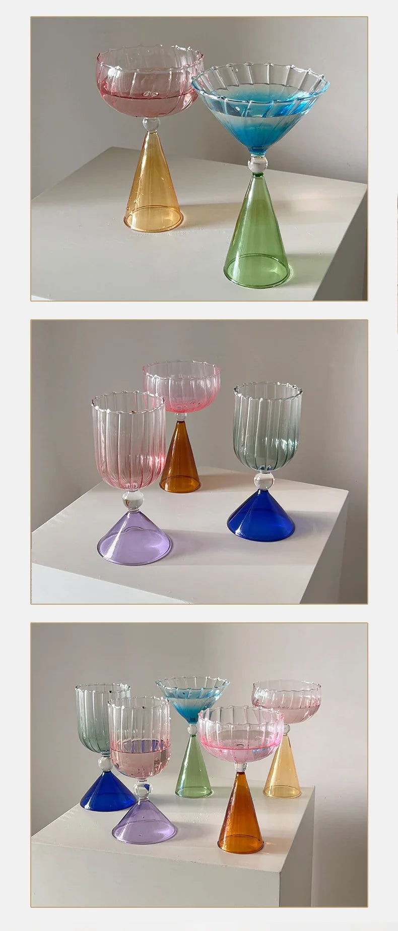 Clear Two Tone Green Blue Amber Purple Colored Ripple Style Martini Mojito Champagne Margarita Cocktail Glasses Goblet Cup