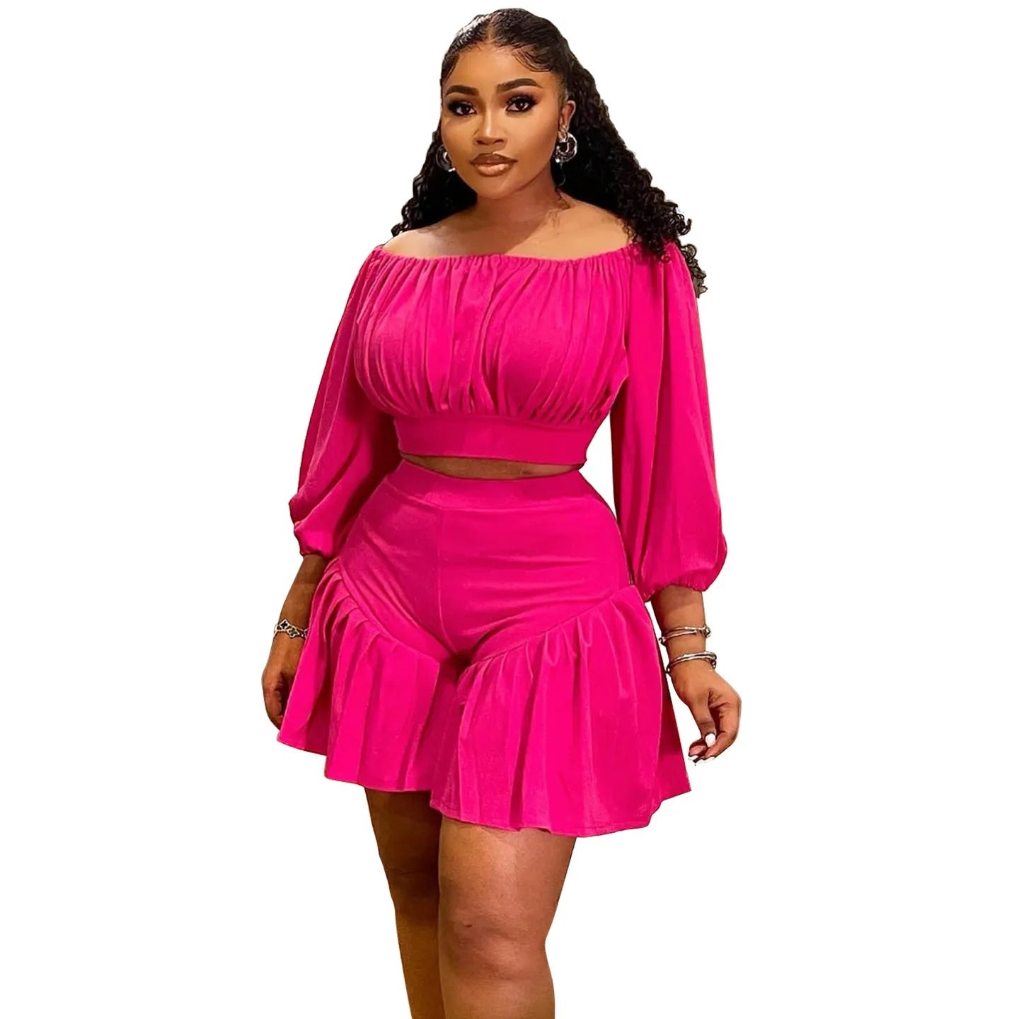 Plus Size Women's Set Long Sleeve Slash Neck T-Shirt and Shorts Summer Ruched Two 2 Piece Set Outfits Tracksuit