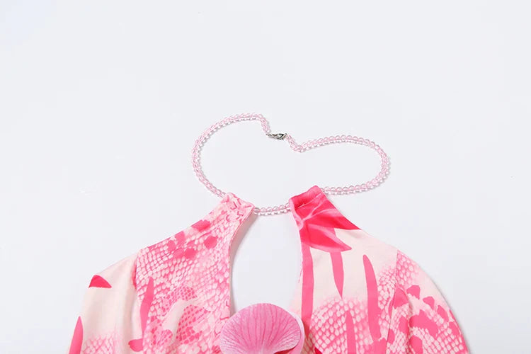 Fashion Patchwork 2 Piece Set Women Pearls Necklace Halter Applique Crop Tops+Skinny Skirt Set