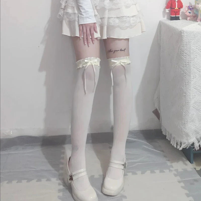 Women Lace Black White Ruffle Long Socks Women Girls Sweet Stockings Lolita Nylon Lace Leggings Over The Knee Bowknot Hosiery