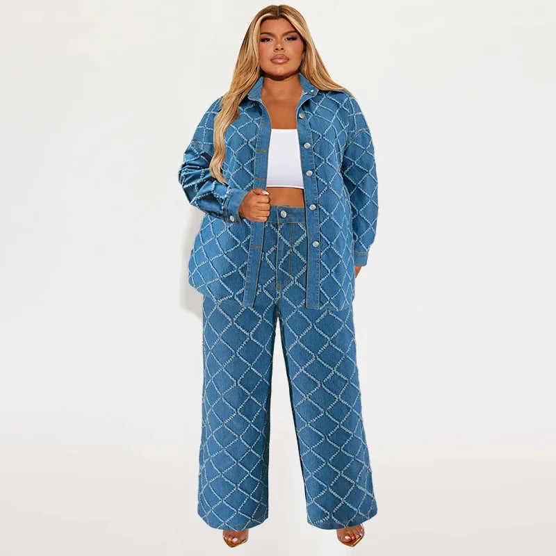Plus Size Fashion Women Two Pieces Set Spring Long Sleeve Button Blouse Top Wide Leg Pants Oversized 2 Pieces Casual Clothes