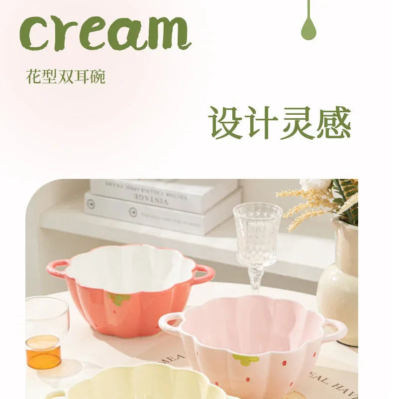 Strawberry Double Ear Ceramic Bowl,Cream 6.5-inch 9.5-inch Soup Bowl with Handle Home