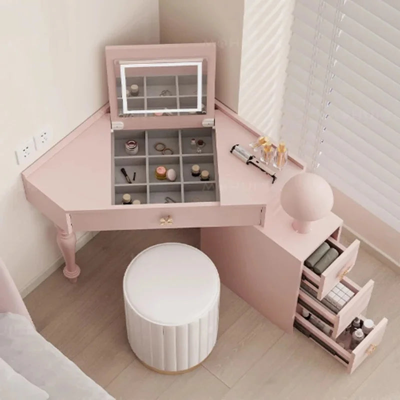 Small Pink Makeup Vanity Table with Mirror and Drawers for Bedroom Storage - Stylish Coiffeuse Furniture