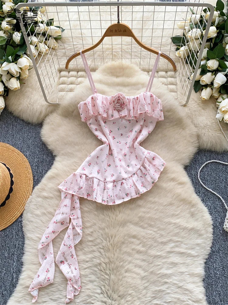 Ladies Floral Summer Camisole Sleeveless Irregular Slim Camis Women 3D Flower Ribbon Design Print Top