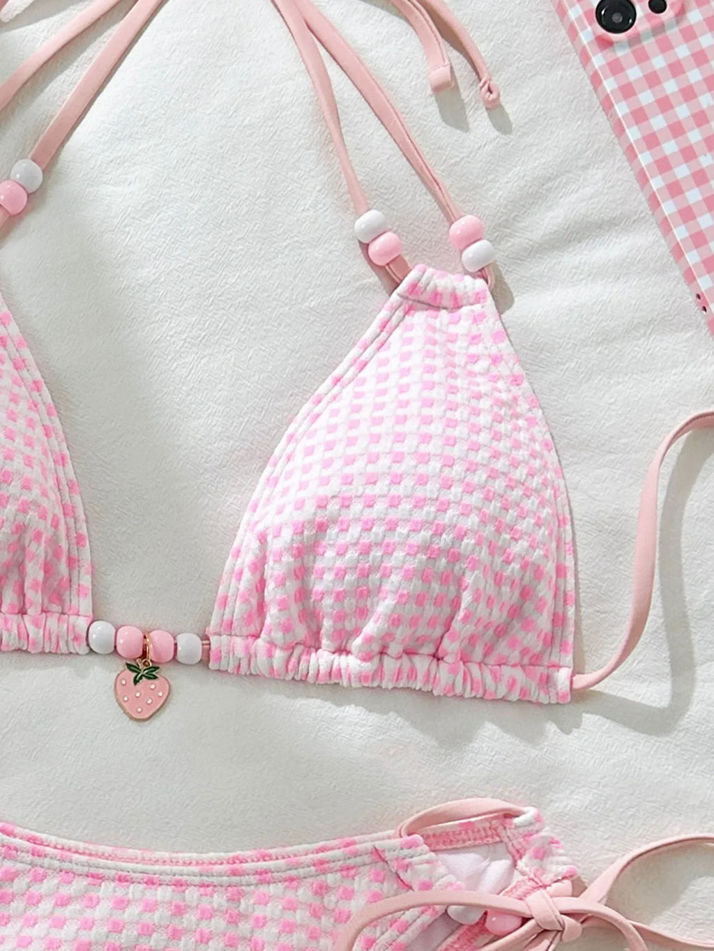 Sexy Pink Plaid Bikinis Sets Women Bead String Strap Push Up Drawstring Side Thong Swimsuit