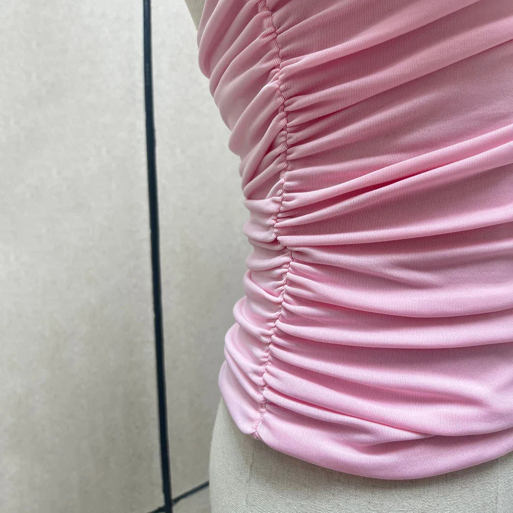 Handmade Floral Pink Women Sexy Backless Elegant Neck Sleeveless Tank Top