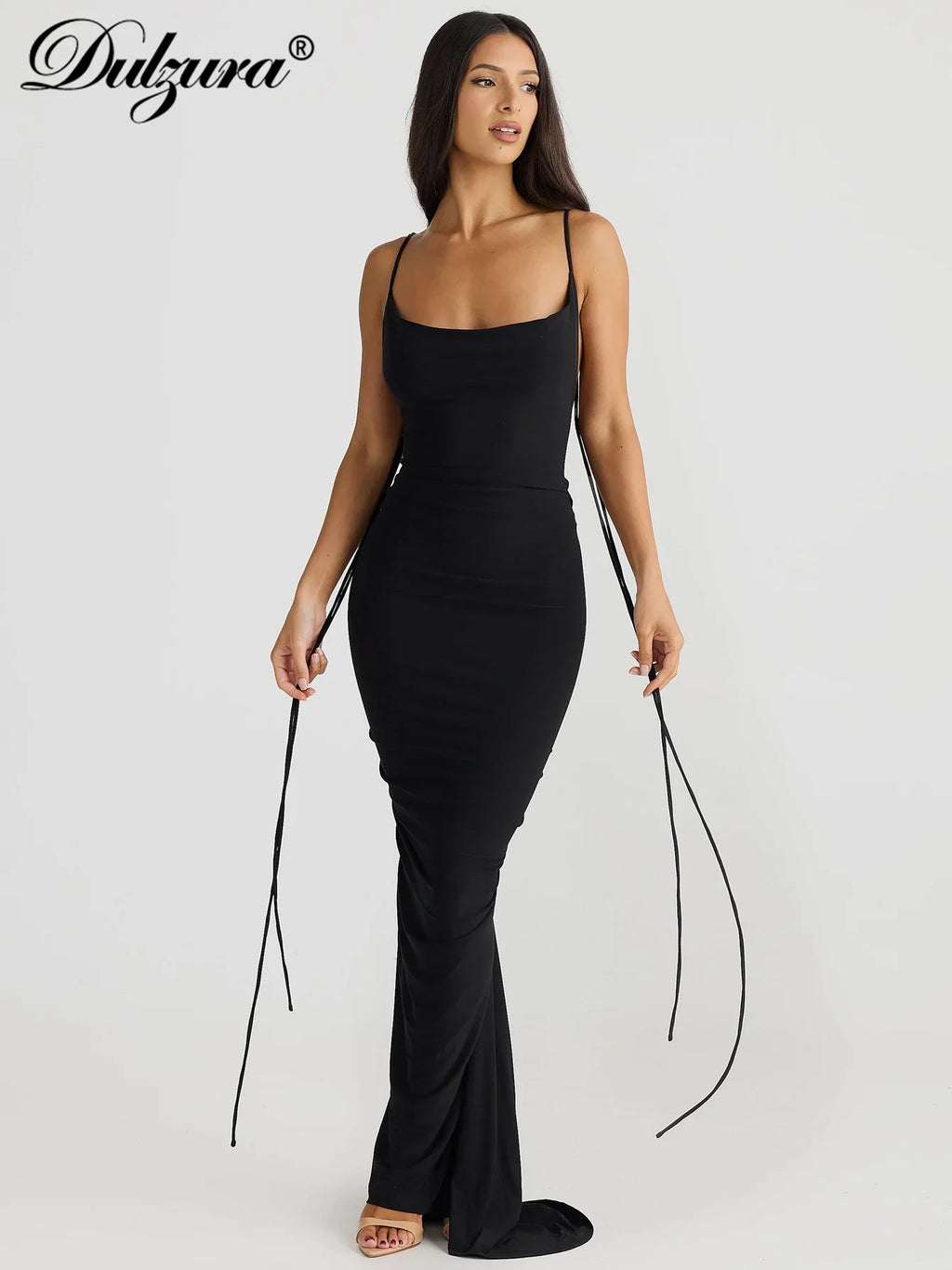 Sexy Backless Maxi Dress Women Spaghetti Strap Lace Up Solid