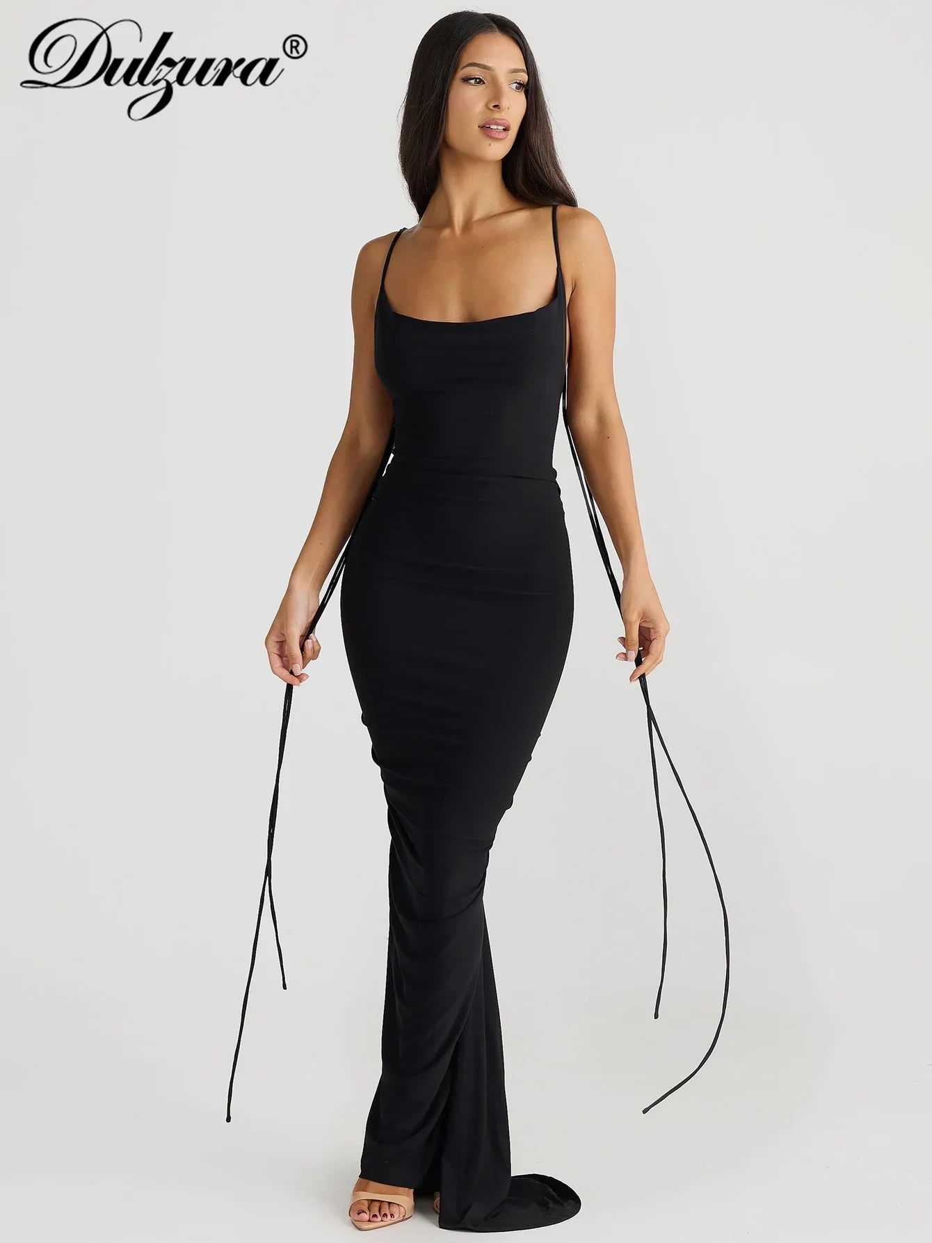 Sexy Backless Maxi Dress Women Spaghetti Strap Lace Up Solid