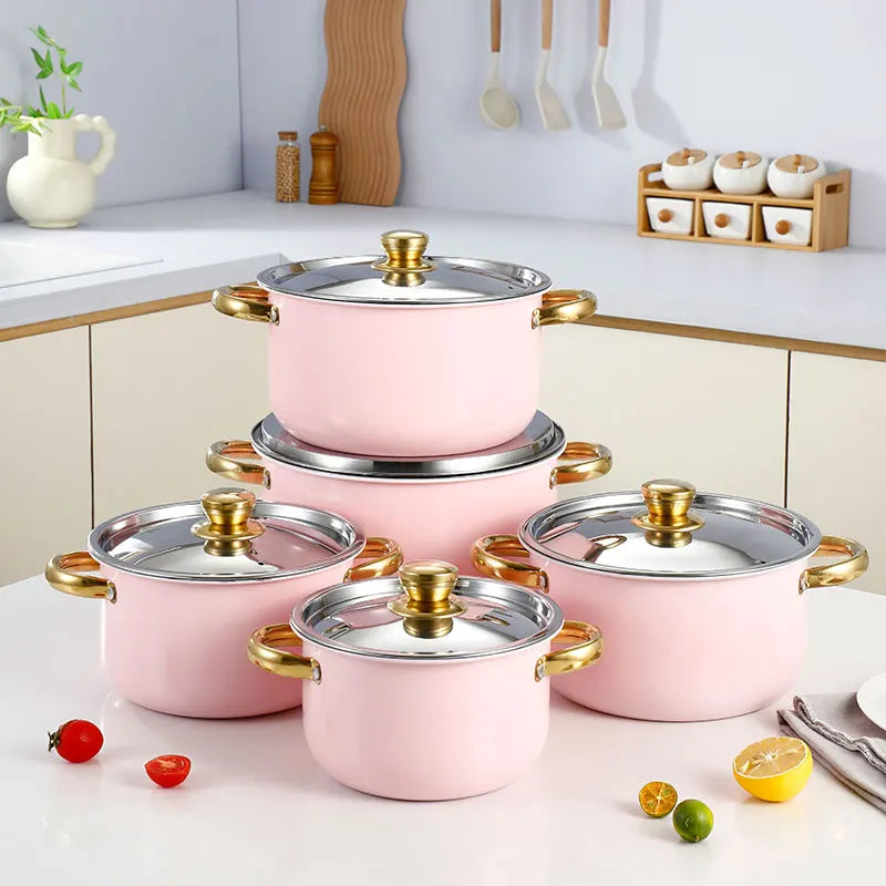 Stainless Steel Pink Pot Set, Gold Handle, Universal For Induction Cooker And Gas Stove, Suitable For Kitchen Cooking