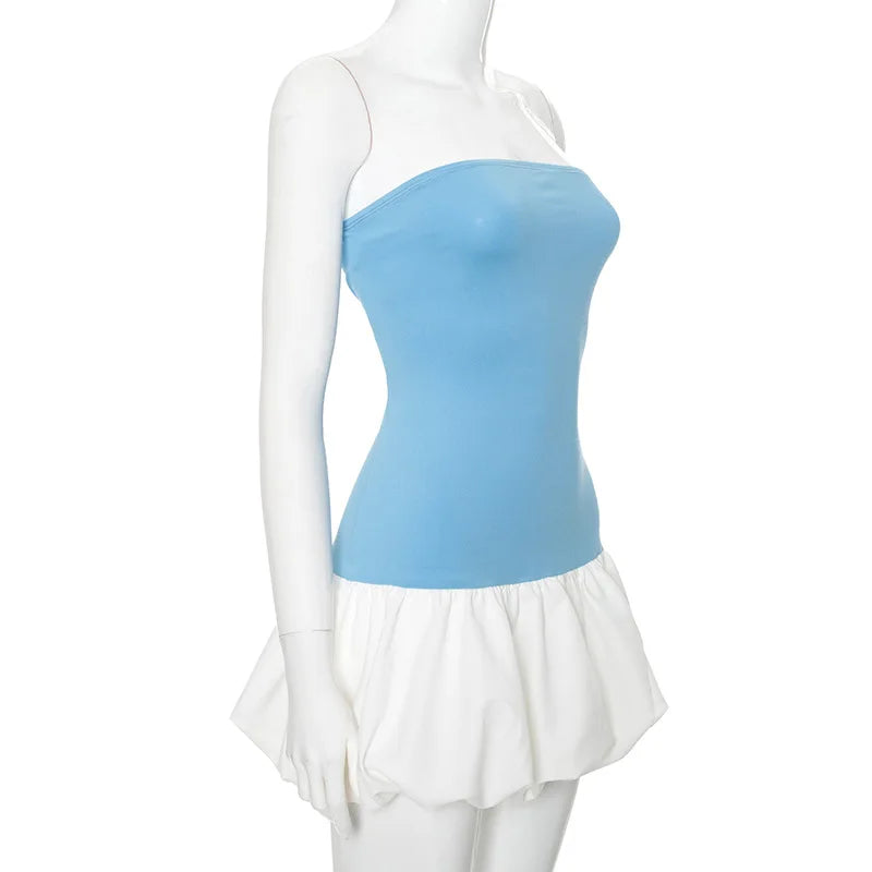 Contrast Color Mini Folds Dress For Women Strapless Sexy Slim Sleeveless Ruched Splice Y2K Beach Female Club Party Dress