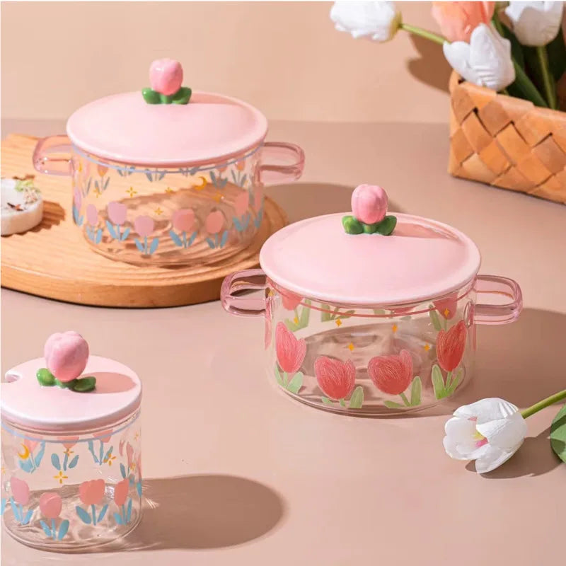 Pink Flower Instant Noodles Glass Pot Can Be Heated Soup Pot Double Ears Salad Bowl Covered with a Large Capacity Bowl