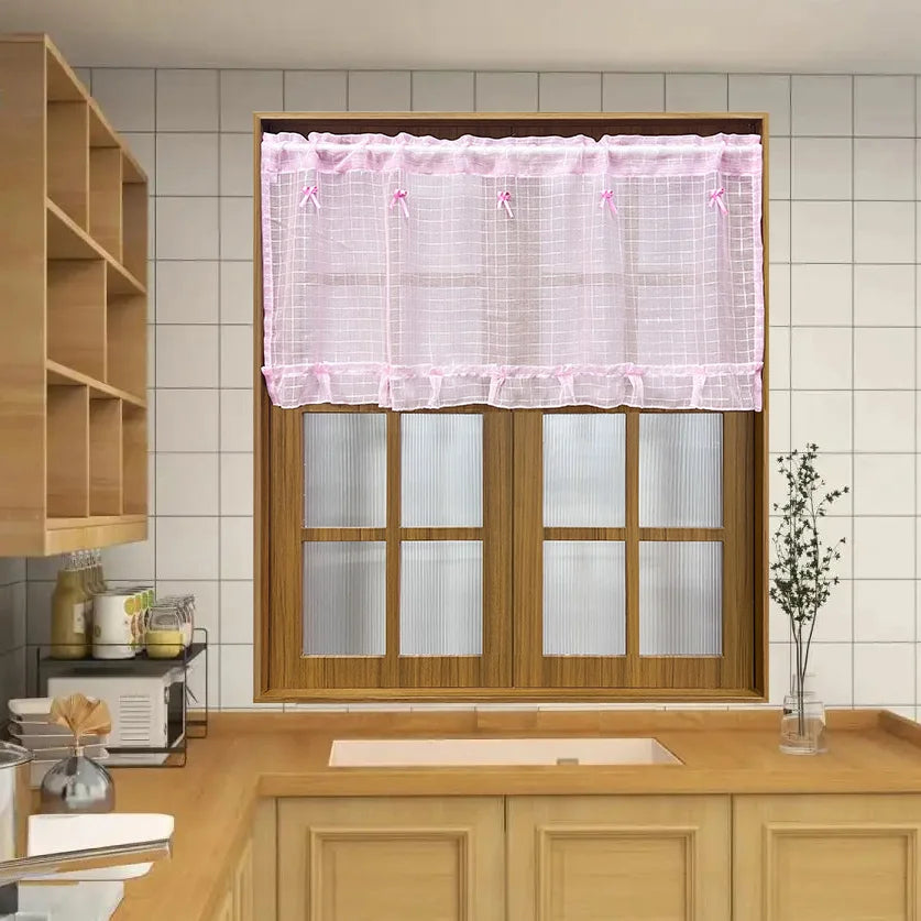 Pink Short Plaid Sheer Tulle Curtains lWindow Screens Voile Drapes Home Decor