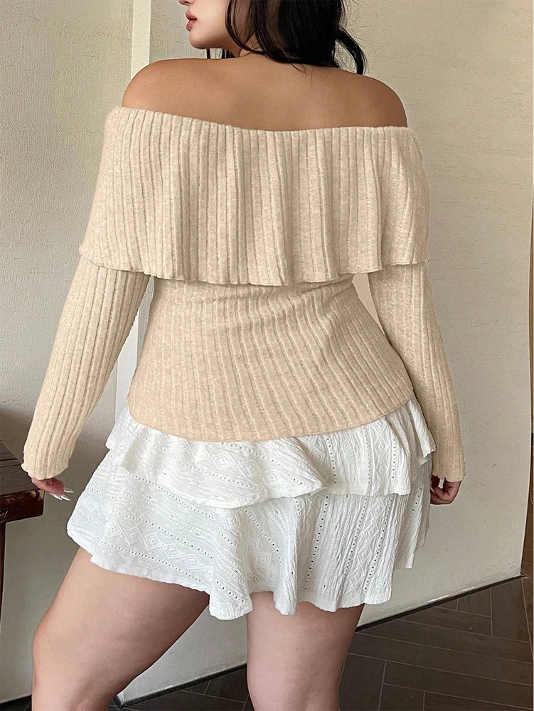 Plus Size Womens Solid Colour Strapless Long Sleeve Simple T Shirt Spring Daily Casual Dress Up Cute Wind Pure Colour Polyester